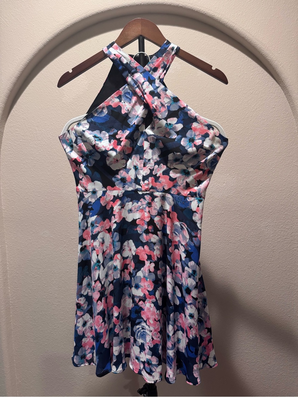 Express Navy Cross Halter Floral Dress with Pink & White Flowers